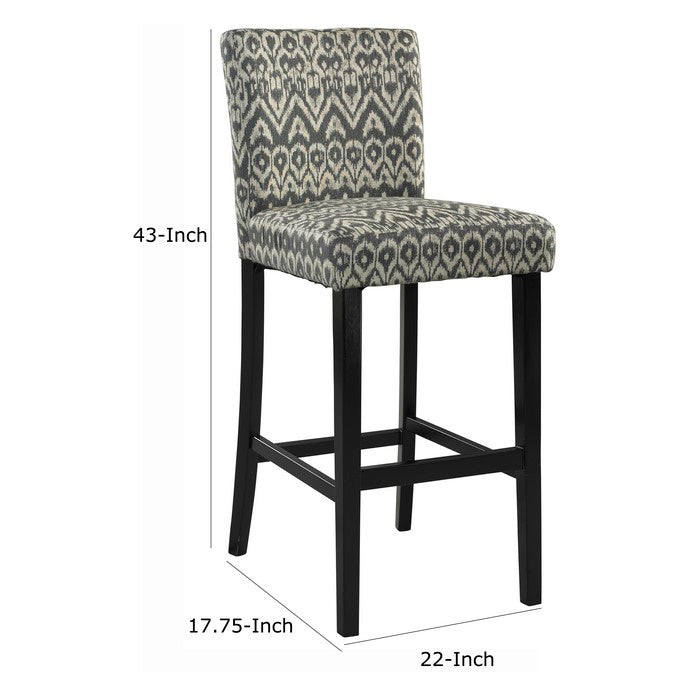 Wooden Bar Stool with Ikat Design Fabric Upholstery, Black and White