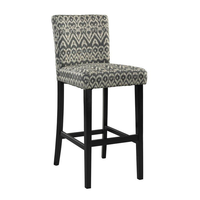 Wooden Bar Stool with Ikat Design Fabric Upholstery, Black and White
