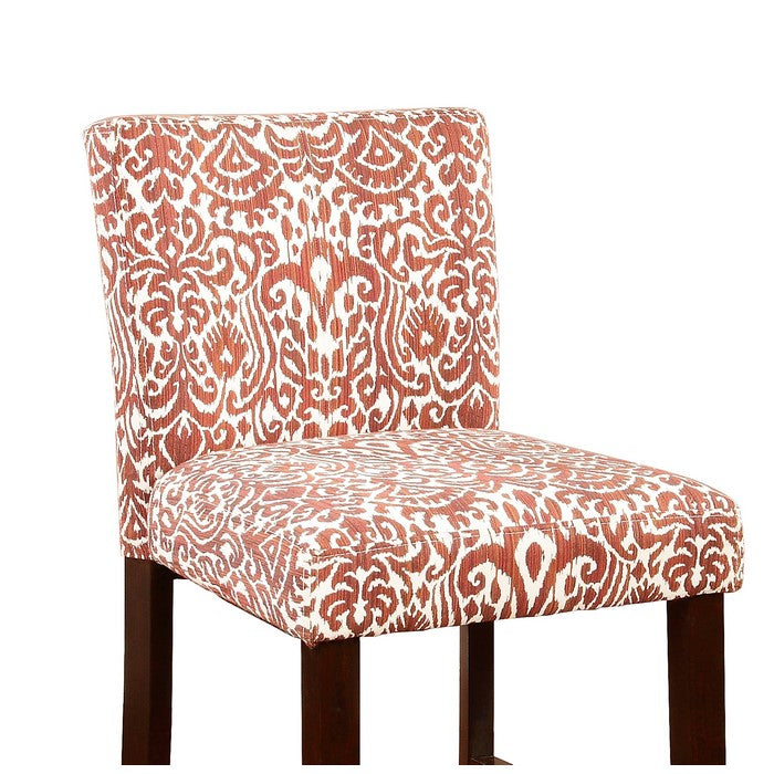 Wooden Bar Stool with Patterned Fabric Upholstery, Red and White