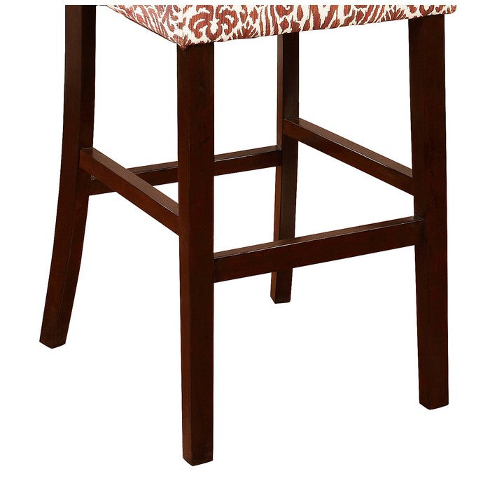 Wooden Bar Stool with Patterned Fabric Upholstery, Red and White