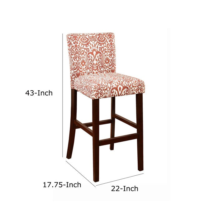 Wooden Bar Stool with Patterned Fabric Upholstery, Red and White