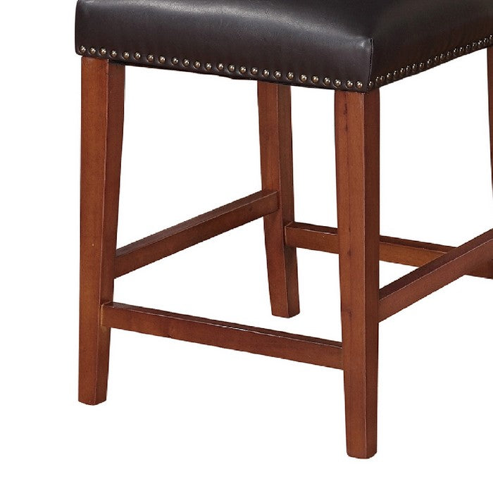 Wooden Counter Stool with Nailhead Trim Accents, Brown and Black
