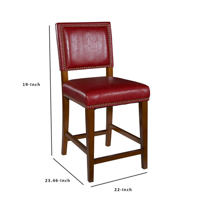Wooden Counter Stool with Nailhead Trim Accents, Red and Brown