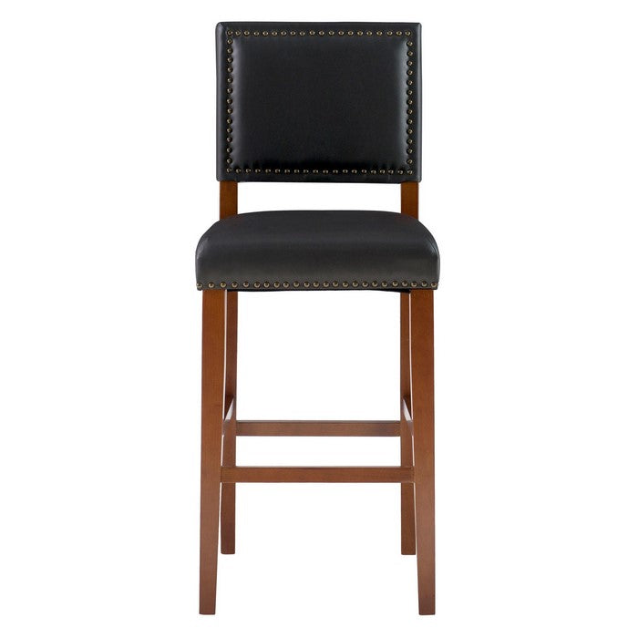 Nailhead Leatherette Bar Stool with Rectangular Backrest, Black and Brown