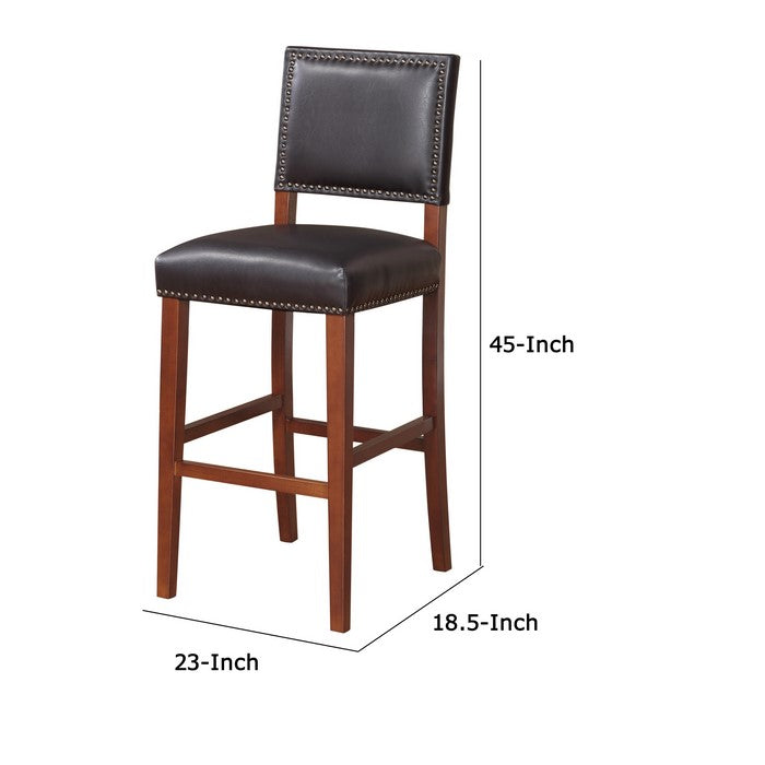 Nailhead Leatherette Bar Stool with Rectangular Backrest, Black and Brown