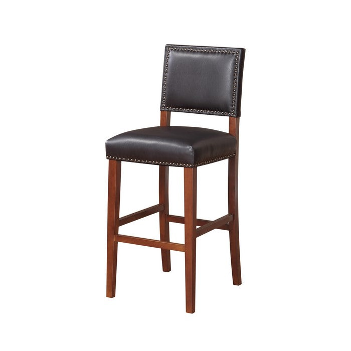 Nailhead Leatherette Bar Stool with Rectangular Backrest, Black and Brown