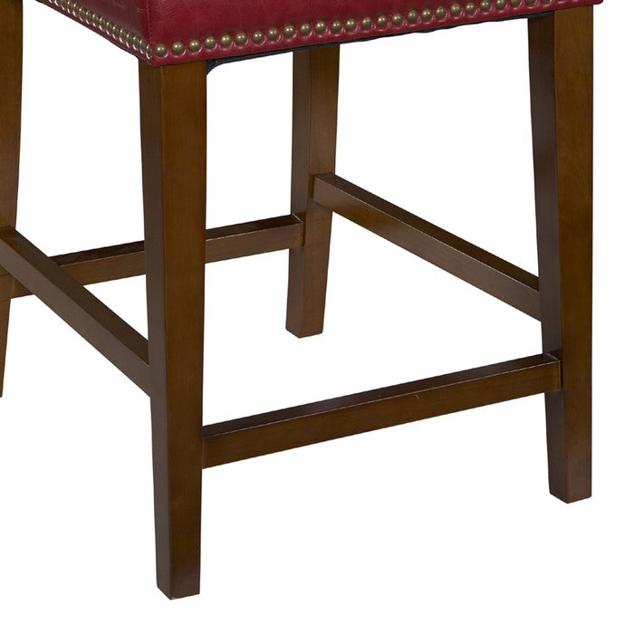 Wooden and Leatherette Bar Stool with Nailhead Trim, Red and Brown