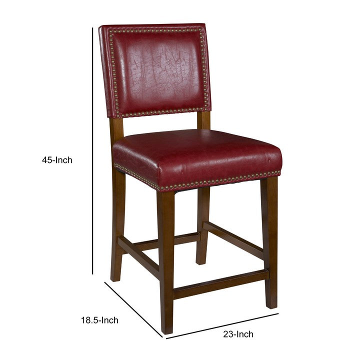 Wooden and Leatherette Bar Stool with Nailhead Trim, Red and Brown