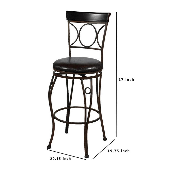 Metal Bar Stool with Leatherette Swivel Seat, Black and Brown