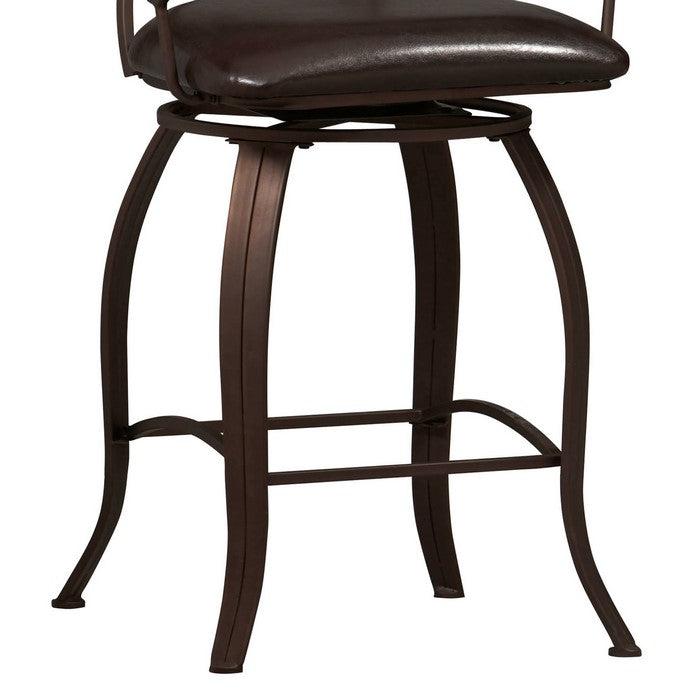 Metal Counter Stool with Armrests and Scrollwork Details, Brown
