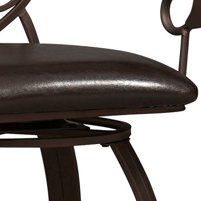 Metal Counter Stool with Armrests and Scrollwork Details, Brown