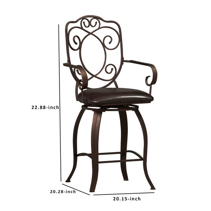 Metal Counter Stool with Armrests and Scrollwork Details, Brown