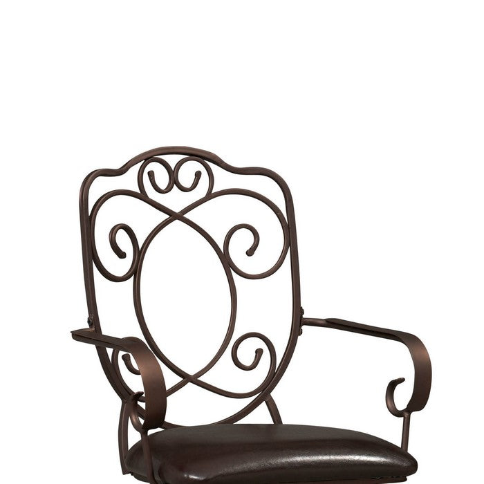 Metal Bar Stool with Armrests and Scrollwork Details, Brown