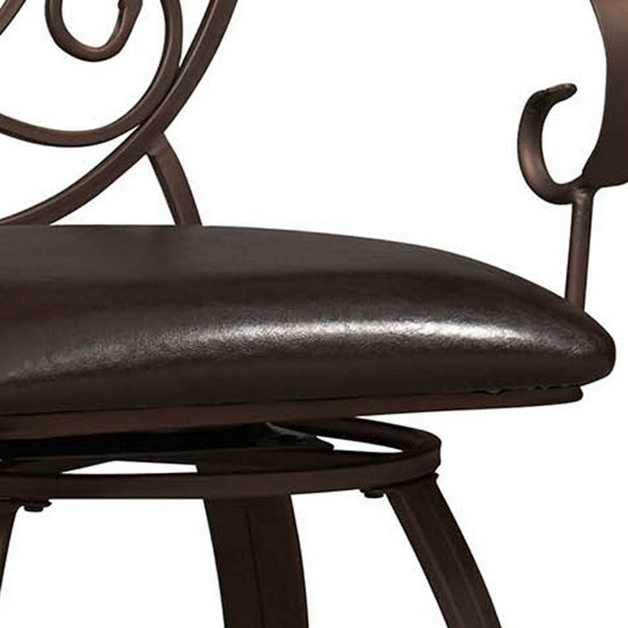 Metal Bar Stool with Armrests and Scrollwork Details, Brown
