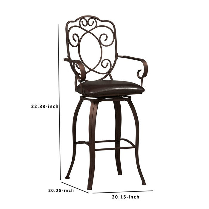 Metal Bar Stool with Armrests and Scrollwork Details, Brown