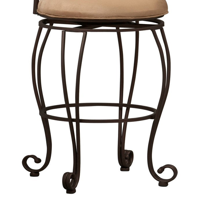 Metal Counter Stool with Cushioned Seat and Scrollwork Details, Brown