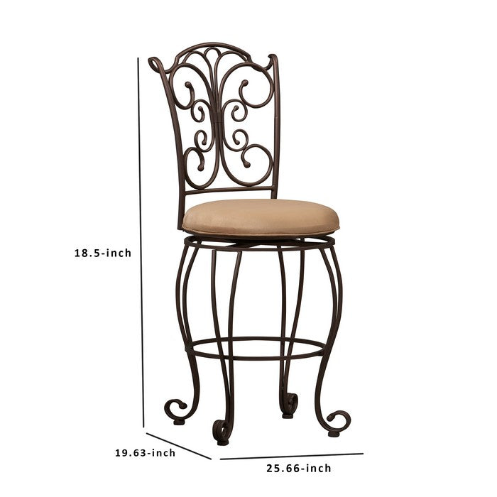Metal Counter Stool with Cushioned Seat and Scrollwork Details, Brown