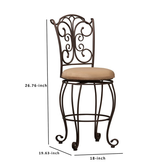 Metal Bar Stool with Cushioned Seat and Scrollwork Details, Brown