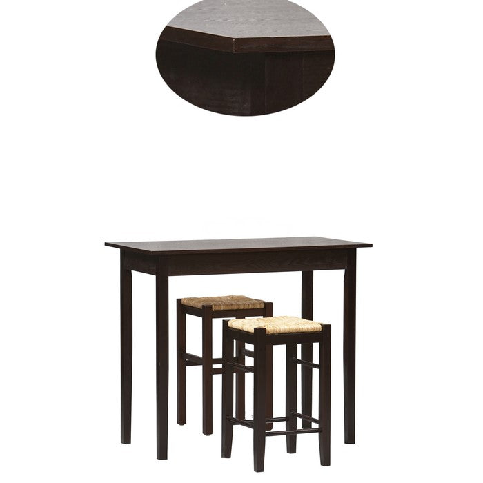 3 Piece Wooden Counter Set with Seagrass Seat Stools, Brown and Beige