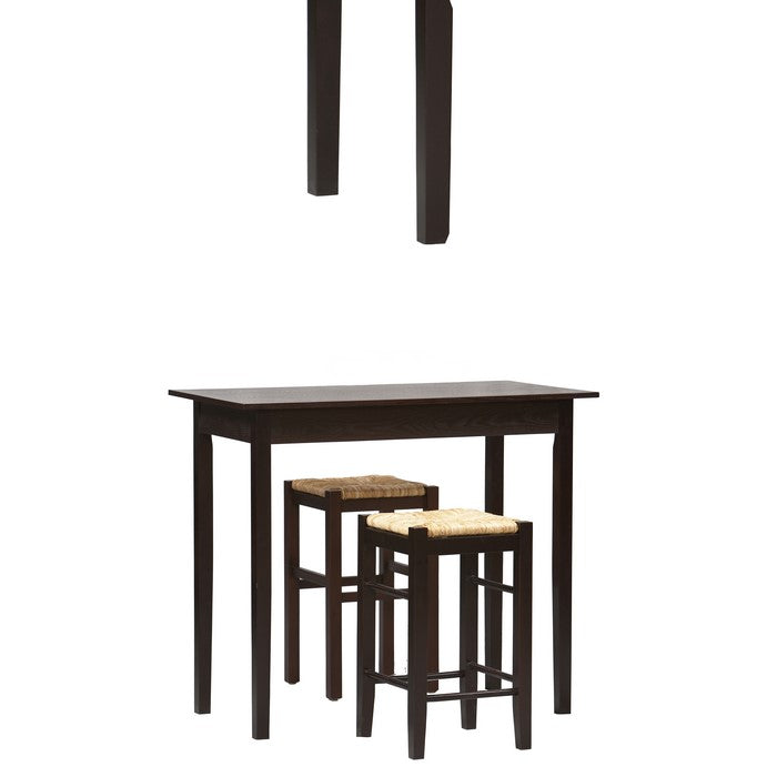 3 Piece Wooden Counter Set with Seagrass Seat Stools, Brown and Beige