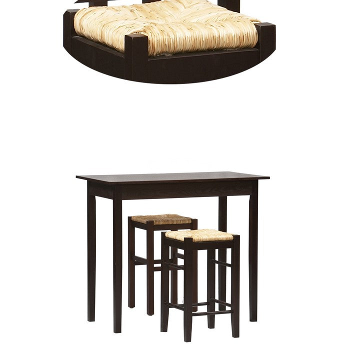 3 Piece Wooden Counter Set with Seagrass Seat Stools, Brown and Beige