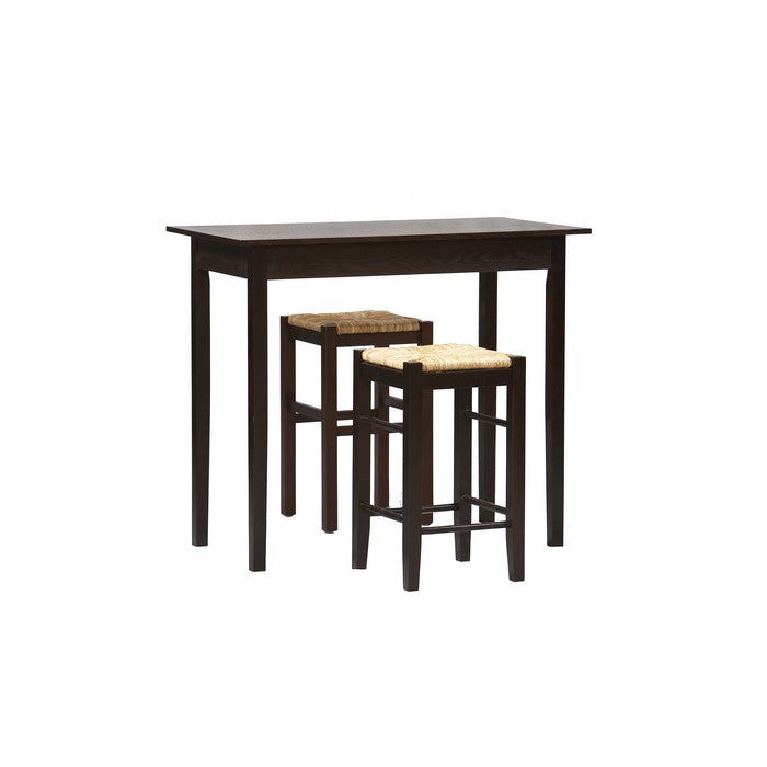 3 Piece Wooden Counter Set with Seagrass Seat Stools, Brown and Beige