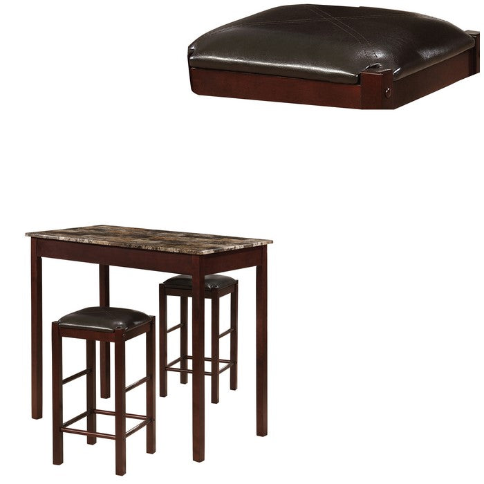 3 Piece Marbleized Wooden Counter Set with Stools, Brown and Black