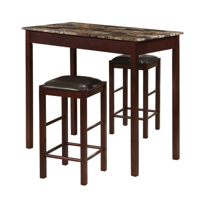 3 Piece Marbleized Wooden Counter Set with Stools, Brown and Black