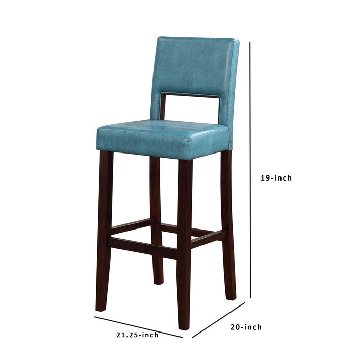 Wooden Bar Stool with Padded Seat and Open Backrest, Blue and Brown