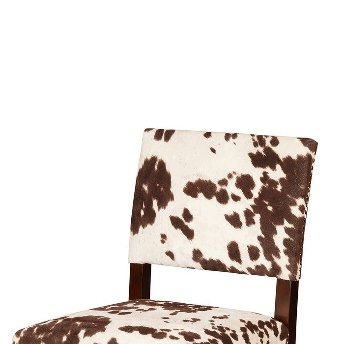 Wooden Counter Stool with Cow Print Upholstery, Brown and White