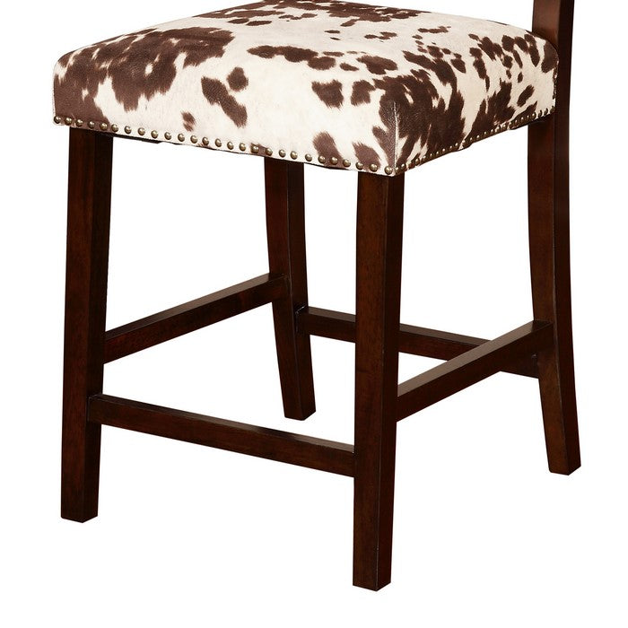 Wooden Counter Stool with Cow Print Upholstery, Brown and White