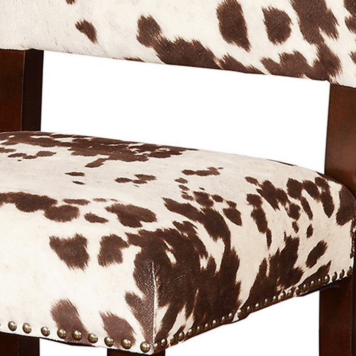 Wooden Counter Stool with Cow Print Upholstery, Brown and White