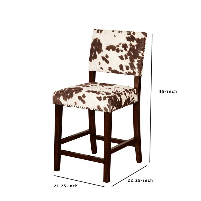 Wooden Counter Stool with Cow Print Upholstery, Brown and White