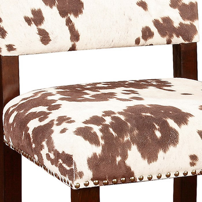Wooden Bar Stool with Cow Print Upholstery, Brown and White