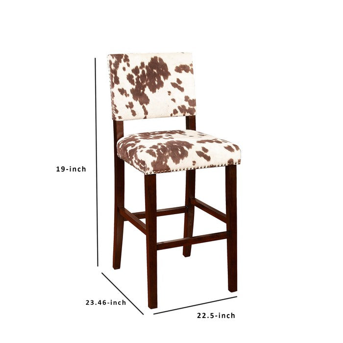 Wooden Bar Stool with Cow Print Upholstery, Brown and White