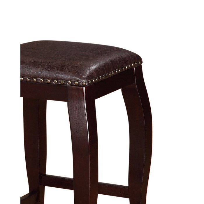 Wooden Counter Stool with Cushioned Seat and Nailhead Trim Edge, Brown