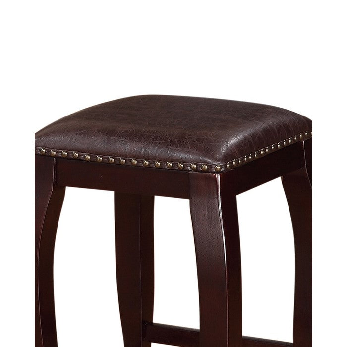 Wooden Counter Stool with Cushioned Seat and Nailhead Trim Edge, Brown