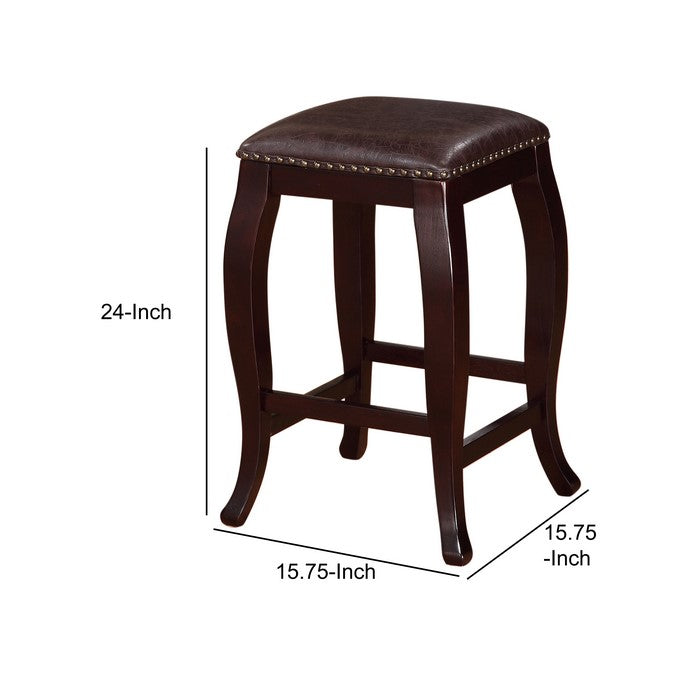 Wooden Counter Stool with Cushioned Seat and Nailhead Trim Edge, Brown