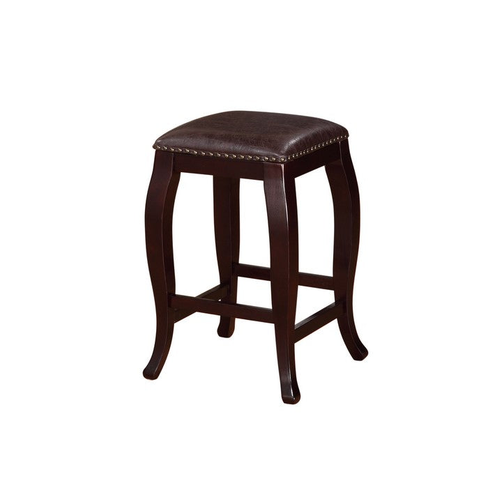 Wooden Counter Stool with Cushioned Seat and Nailhead Trim Edge, Brown