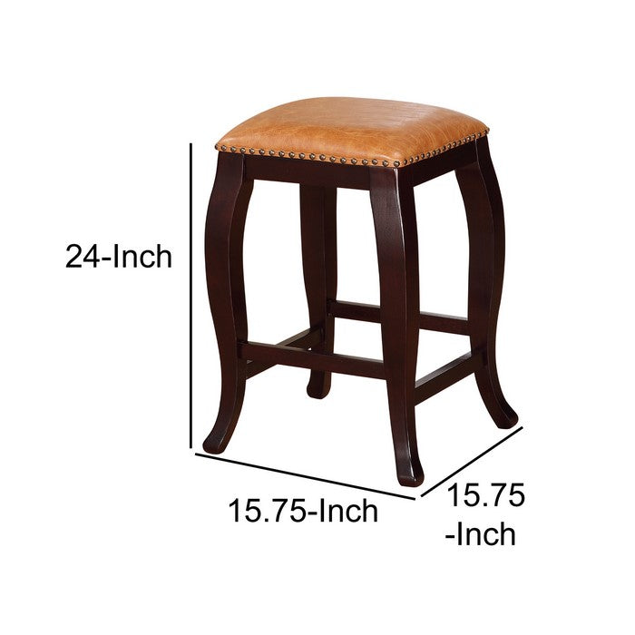 Square Shape Wooden Counter Stool with Nailhead Trim Accents, Brown
