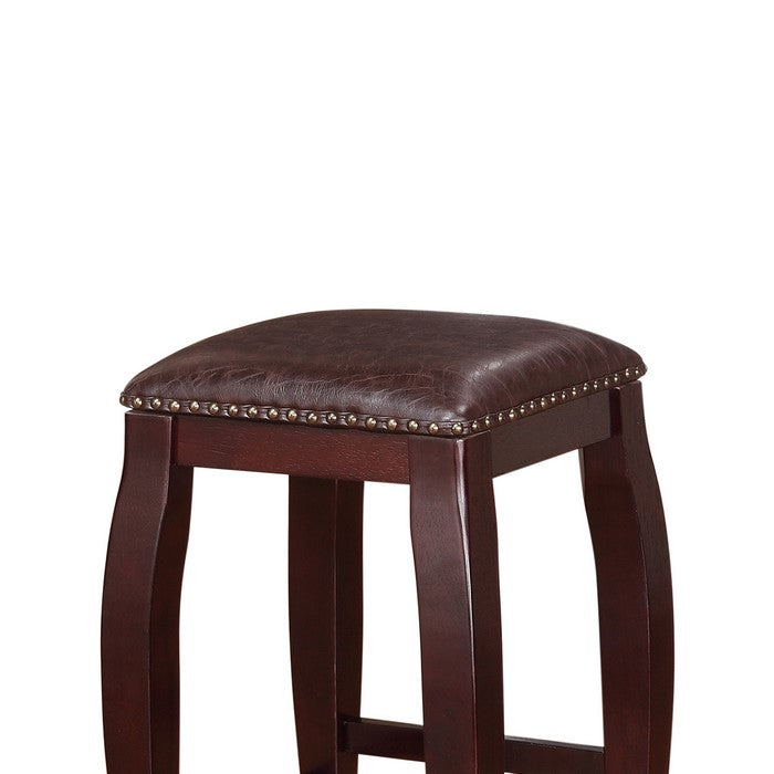 Wooden Bar Stool with Cushioned Seat and Nailhead Trim Edge, Brown
