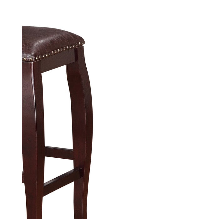 Wooden Bar Stool with Cushioned Seat and Nailhead Trim Edge, Brown