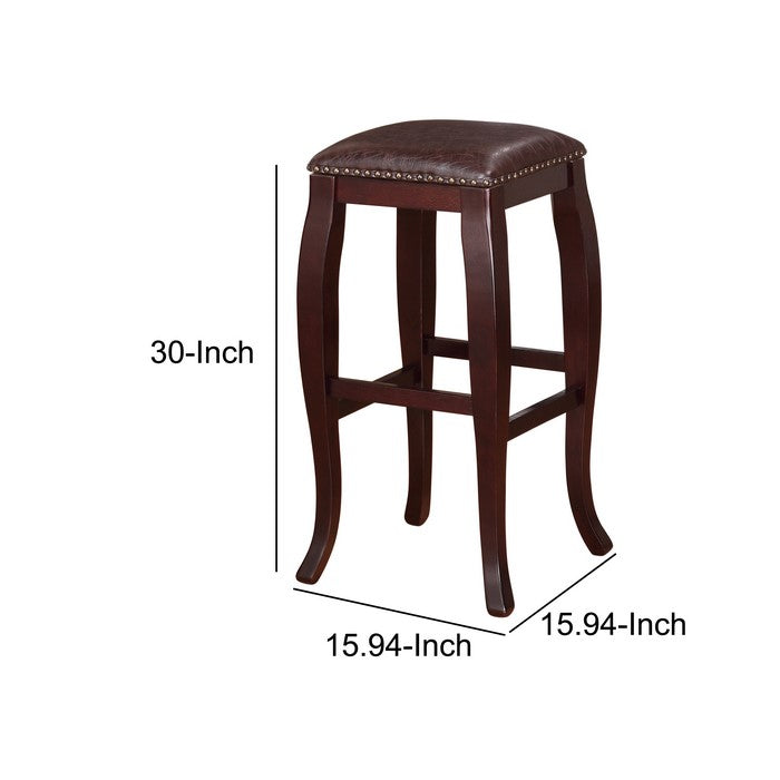 Wooden Bar Stool with Cushioned Seat and Nailhead Trim Edge, Brown