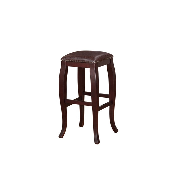 Wooden Bar Stool with Cushioned Seat and Nailhead Trim Edge, Brown