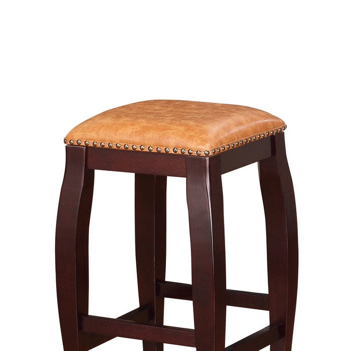 Square Shape Wooden Bar Stool with Nailhead Trim Accents, Brown