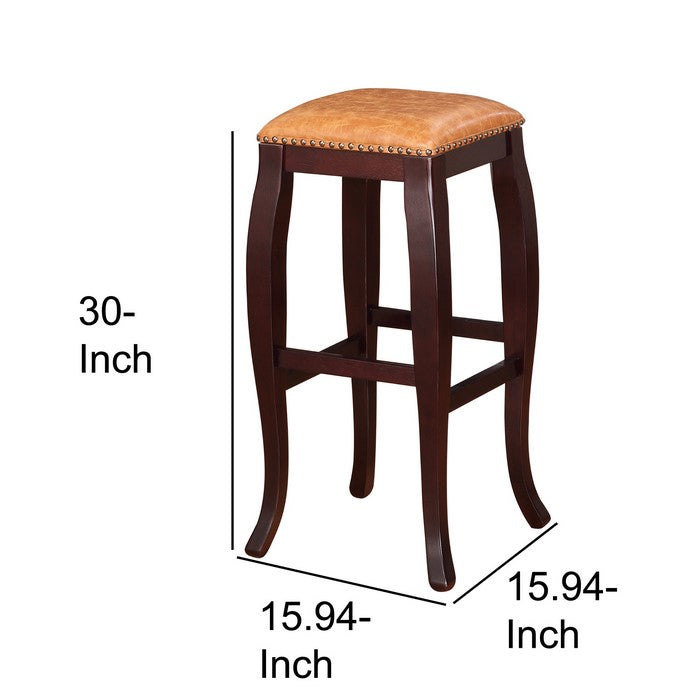 Square Shape Wooden Bar Stool with Nailhead Trim Accents, Brown