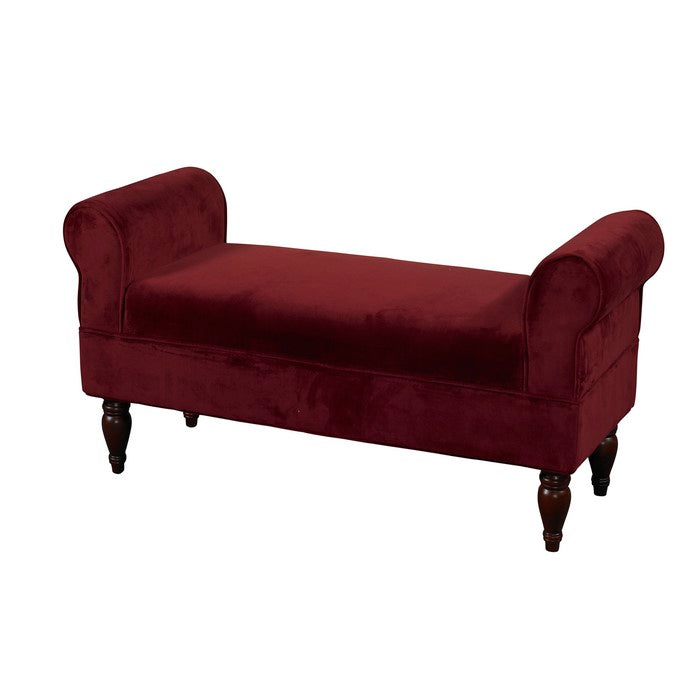 Fabric Upholstered Wooden Bench with Padded Rolled Sides, Red