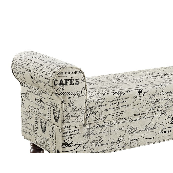Fabric Upholstered Wooden Bench with Padded Rolled Sides, White and Black