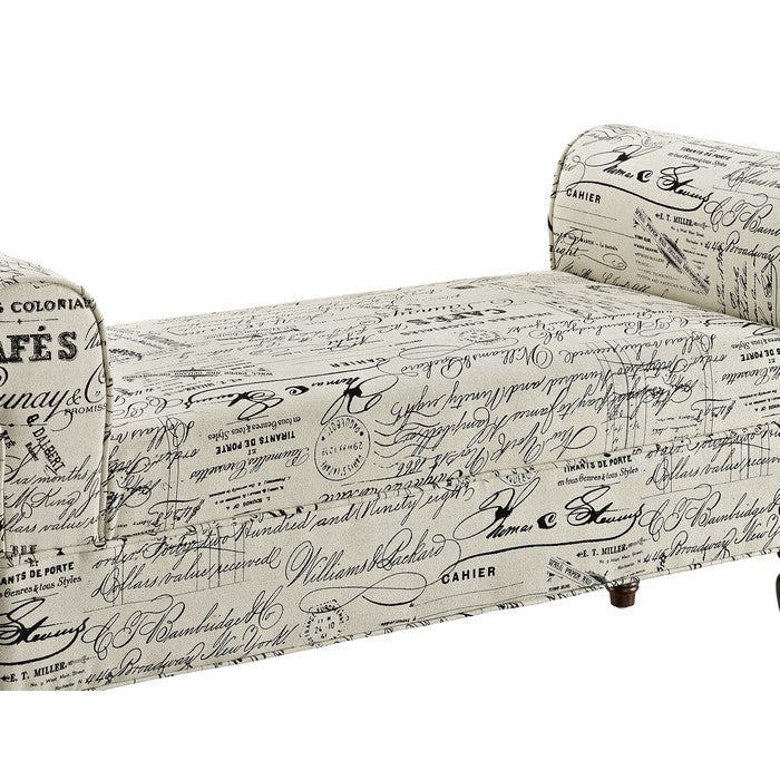 Fabric Upholstered Wooden Bench with Padded Rolled Sides, White and Black