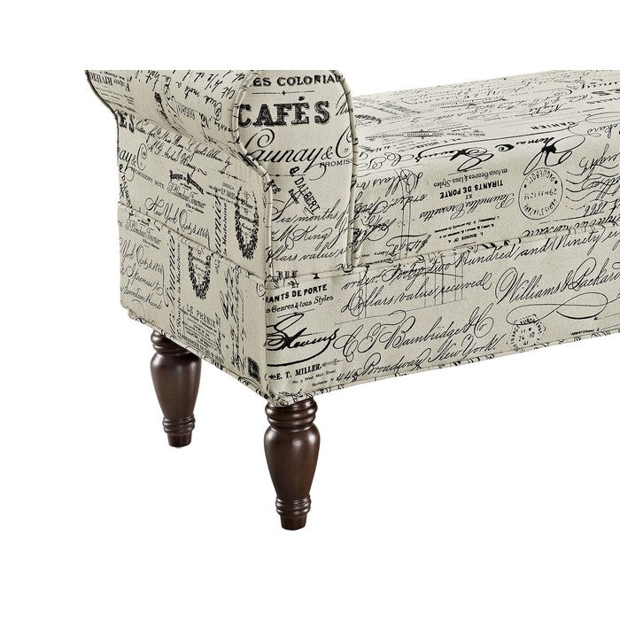 Fabric Upholstered Wooden Bench with Padded Rolled Sides, White and Black